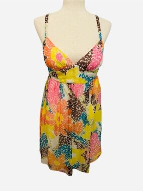 VTG Y2K MILLY Silk Resort Slip Dress Abstract Floral Empire Waist Sz 8 Tropical